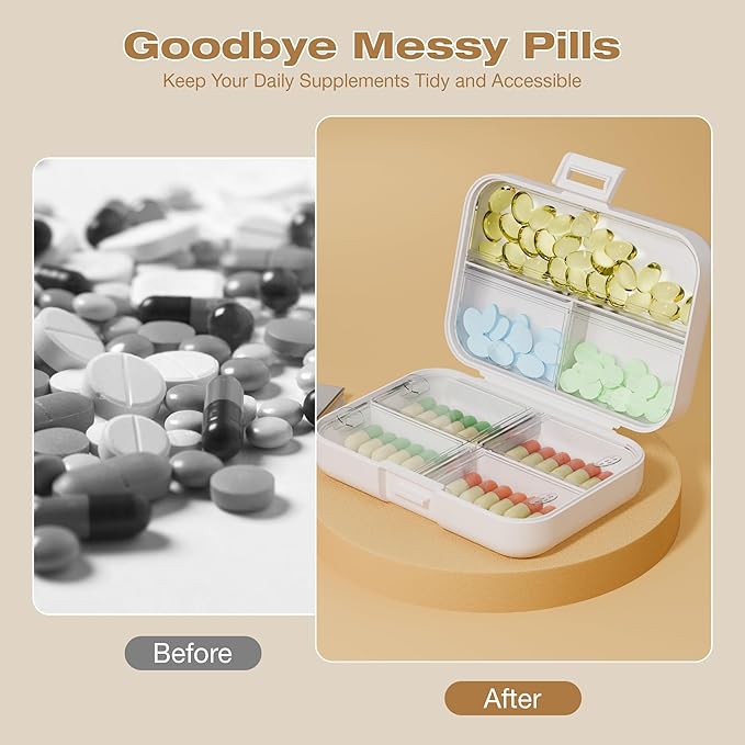 Travel Pill Box, Double Layer 7-Compartments Large Pill Organizer, Portable Weekly Pill Case Container for Pocket, 7 Day Compact Medicine Holder for Vitamins, Fish Oils, Supplements White