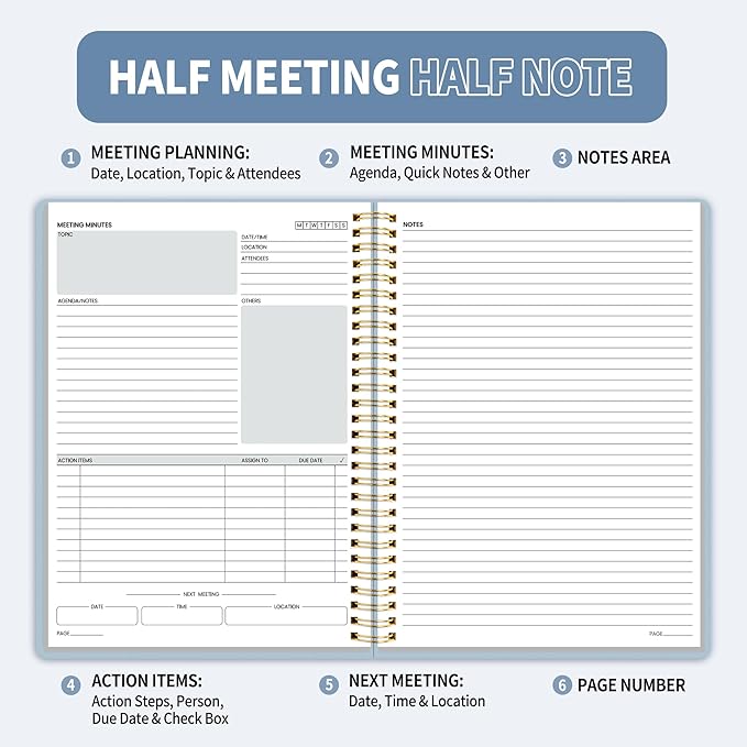 SUNEE Half Meeting Half Note - 7.5"x10" Professional Notebooks for Work - 160 Pages, B5 Size Project Planner, Spiral Meeting Agenda/Minutes Organizer for Women Men, Note Taking, Office & Business