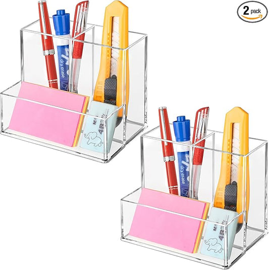 2 Packs Pen Holder for Desk, Clear Acrylic Pencil Holder for Desk, Marker Holder with 3 Compartments, Pencil Organizer for Home, Office, Classroom, Bathroom