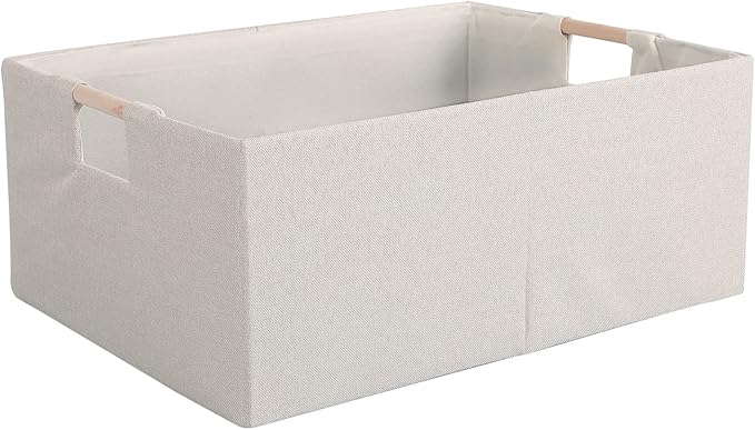Fabric Storage Bin Box Foldable Cotton Linen Storage Basket with Wooden Handles Rectangular Cube Decorative Home Laundry Organizer Clothes Blanket Container - Beige, Small