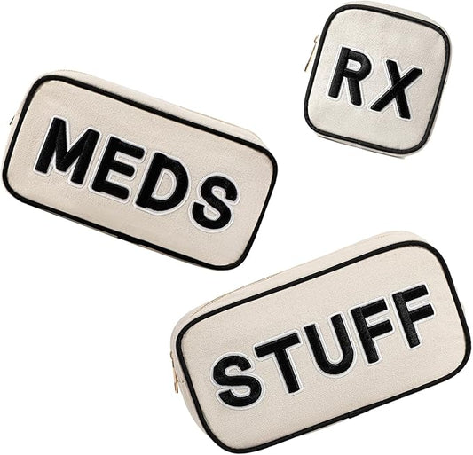 uekeboag 3Pcs Canvas Chenille Letter Medicine Makeup Bag, Small Travel Washable Organizer Bag for Purse with Zipper, Cute Personalized Gift Pouch For Women and Girls(3Pcs Bags)