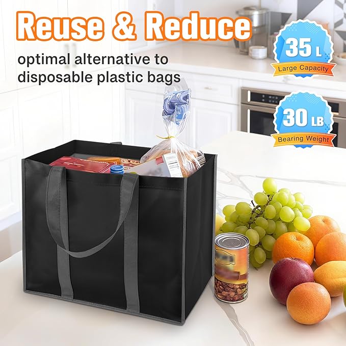 WISELIFE Reusable Grocery Bags with Handles - 10 Pack, 35L Large Shopping Bags for Groceries, Water-Resistant & Foldable Grocery Totes for Lasting Use for Kitchen, Market, Car Trunk, Picnic (Black)