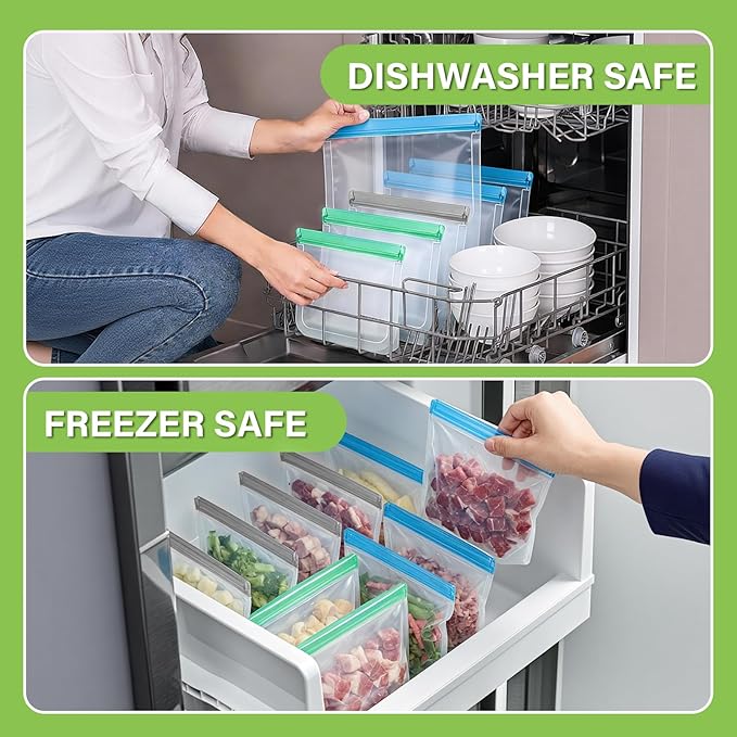 20Pack Extra Thick Silicone Gallon Freezer Bags, Reusable Sandwich & Storage Bags - Eco-Friendly Reusable Zip Lock Bags, Freezer Storage Bags, Safe for Cooking, Dishwasher & Organization