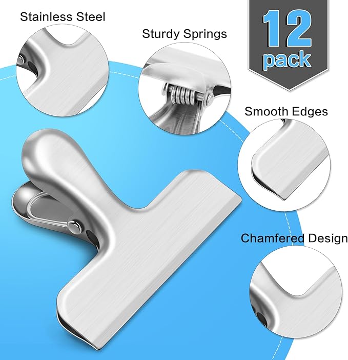24 Pack Bag Clips, Heavy Duty Chip Clips, Stainless Steel Chip Bag Clip, for Kitchen and Office to Seal Coffee Bags, Paper Sheets, Metal Clip Air Tight Seal - 3 Inches (Silver)
