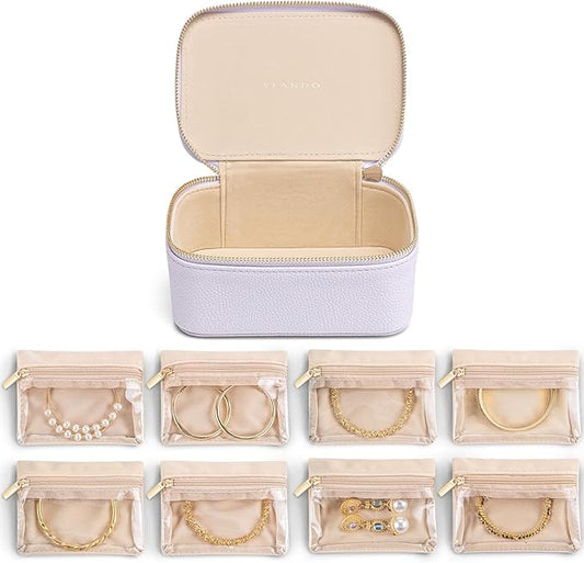 Vlando Jewelry Travel Case, Travel Jewelry Organizer with Clear Velvet Jewelry Bags Zipper Pouch for Women Girl Gift - 8 Pcs Purple