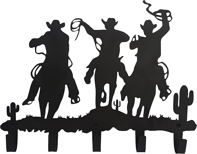 Western Cowboy Coat Hooks Wall Art Decor-Cowboy Hangers and Key Hooks Holder-Clothes Hat Rack and Backpack Hanger-Sweet Home Decor for Storage, Living Room, Hallway, Office (Black)