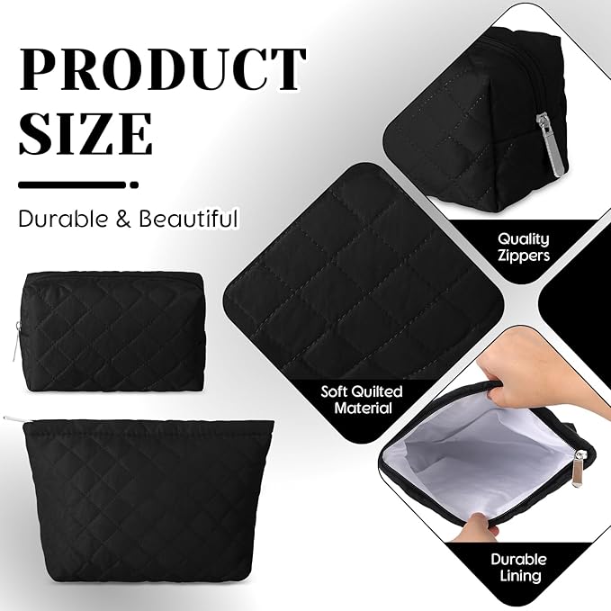 2 Pcs Pencil Case Quilted Makeup Bag Aesthetic Cosmetic Pouch for Women Puffer Travel Toiletry Bag Set Cotton Small Purse Pouch Makeup Organizer with Zipper(Black)