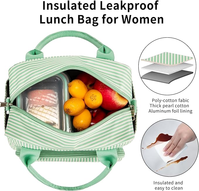 Lunch Bag Women Lunch Box for Women Adult Cute Insulated Lunch Bag Lager Cooler Lunch Tote Bags for Work Picnic (Green Stripes)