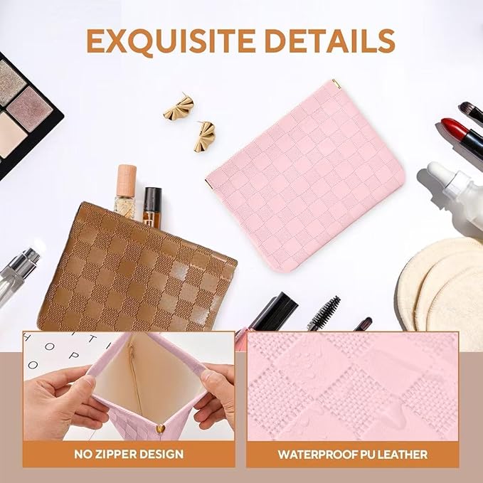 2-Pack Small Waterproof Checkered Makeup Bag - Portable Leather Travel Toiletry Bag Organizer with Snap Closure, Aesthetic Travel Storage Pouches for Women's cosmetic bag for purse (Pink&Brown)