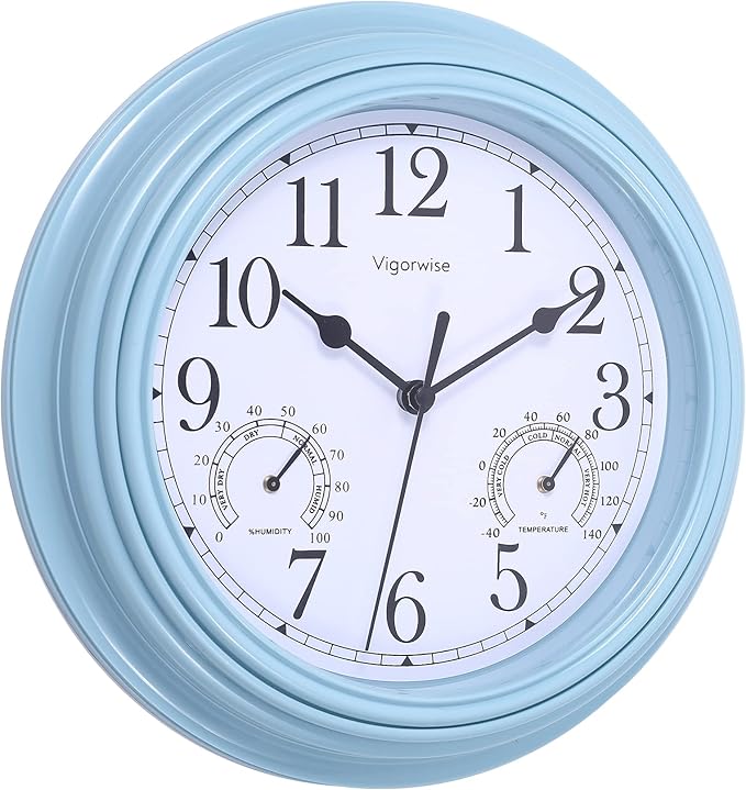 Wall Clock, Sweep Silent Movement Accurate Clocks with Temperature & Humidity, Decorative for Kitchen/Living Room/Bedroom/Office/School/Classroom (Blue, 9 inch)