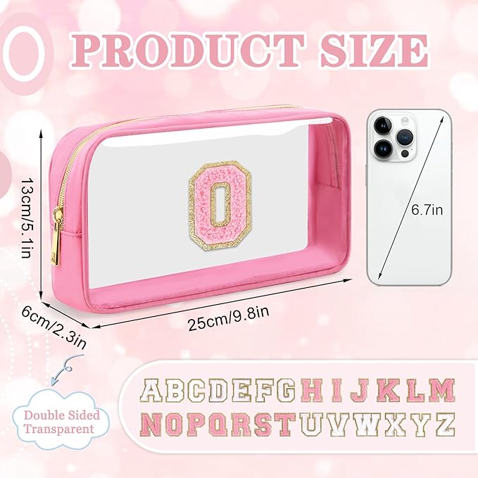 Small Clear Personalized Initial Makeup Bag, Preppy Nylon A-Z Chenille Letter Patch Makeup Organizer TSA Approved Travel Toiletry Bag,Waterproof Zip Beach Cosmetic Pouch Purse for Women(Pink-Pink O)