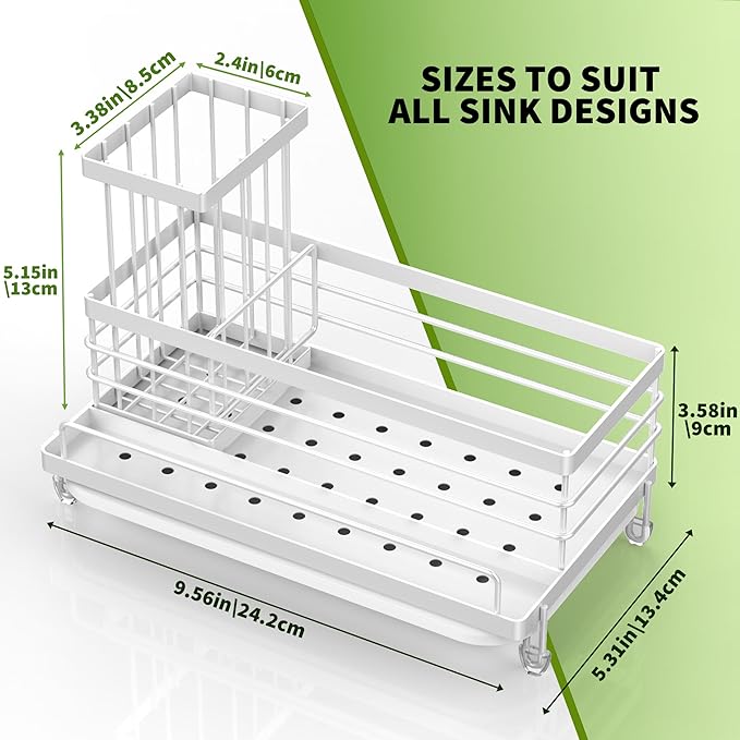 Cisily Stainless Steel Kitchen Sink Caddy Organizer, Sponge Holder for Sink Rustproof, Non-Slip Soap Dish Dispenser Brush Holder Storage, Home & Kitchen Essentials Accessories (White)