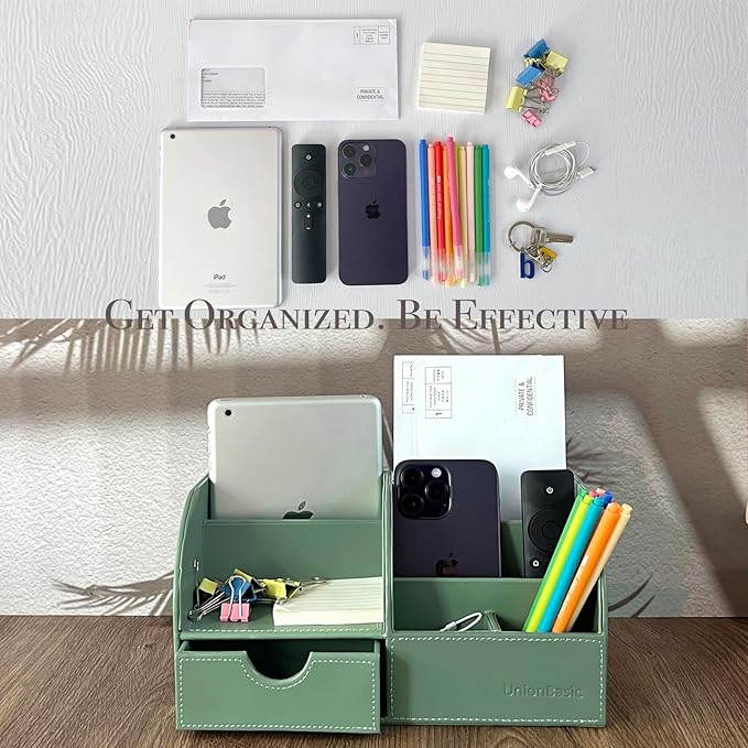UnionBasic Desk Organizer, Multi-functional Leather Desktop Office Organizer, Pen Holder - Business Card/Pen/Pencil/Mobile Phone/Stationery Holder Storage Box, Malachite Green