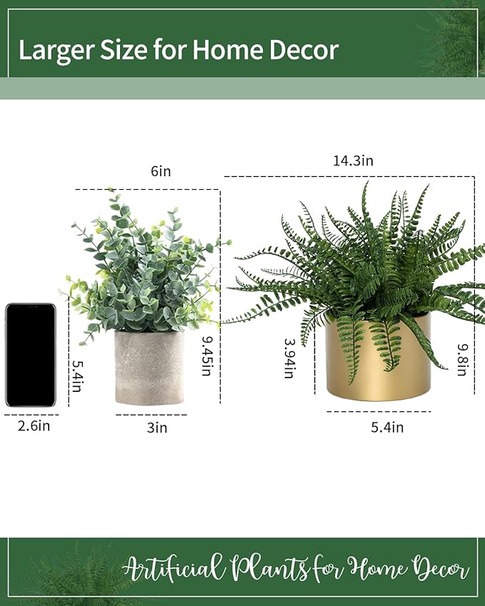 13.5" Small Fake Plant Fern Potted Artificial Plants Fake Fern for Shelf Home Bathroom Office Decor(Gold Mental Pot)