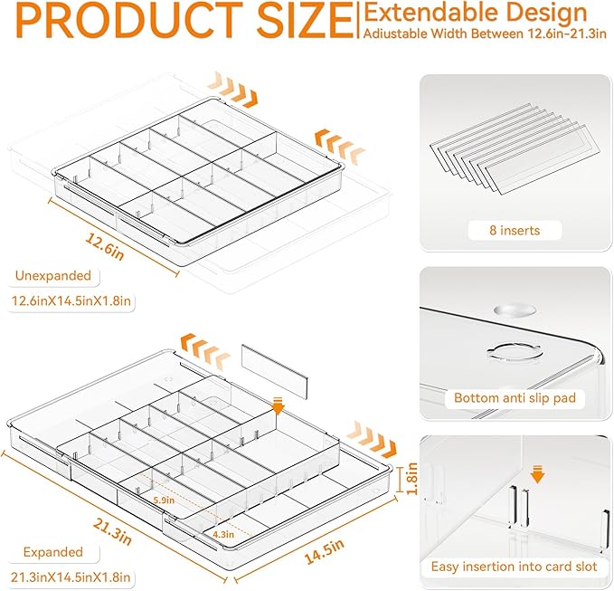 Yieach Large Expandable Desk Drawer Organizer Tray for Office Supplies and Accessories With 12 Adjustable Compartments,Office Drawer Organizers for Pencil,Pen and Kitchen Junk Drawer Organizer,Clear