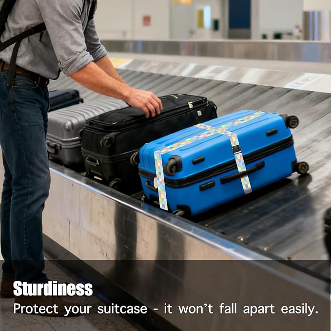 Nuxovilar Luggage Straps Multi-Color Check & dot Polyester 1.96x90.5inch 2 Set Suitcase Cargo Strap Travel Item Student Travel Bus Stop Short Trip