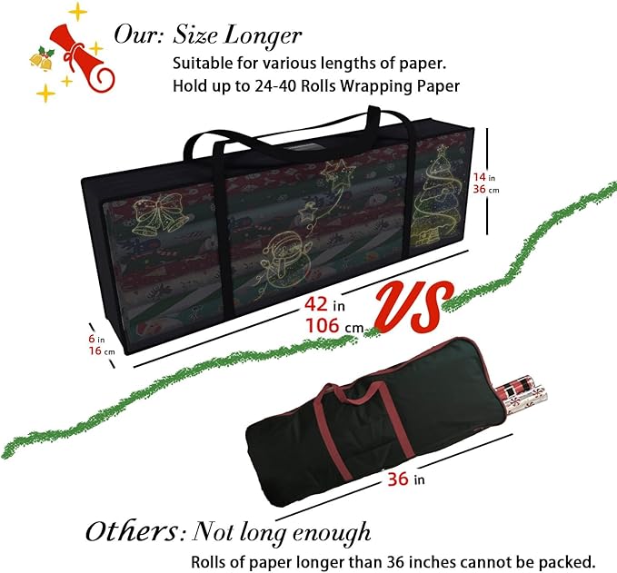 Safana Wrapping Paper Organizer Storage Bag, 42" Durable 600d Oxford Christmas Gift Wrapping Organizer Box Under Bed Containers for Decorations Paper Rolls, Ribbons, Balls, Bows (Golden Snowman)