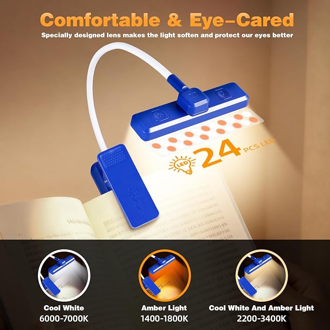 VAVOFO Rechargeable Book Light Rotatable：24 LEDs Reading Light, 3-Color & 9-Brightness Book Lamp, Eye Cared 120Hrs Runtime Lightweight Clip on Led Light for Book Lovers (Royal Blue)