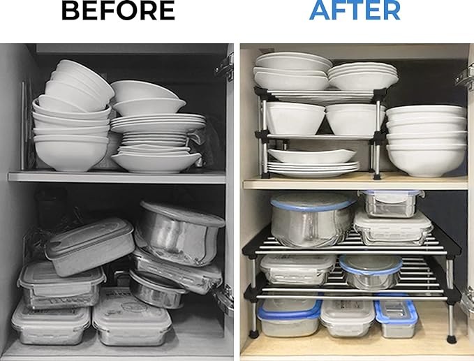 carrotez Cabinet Organizer Shelf, Set of 2 Stackable Kitchen Counter Shelves, Kitchen Cabinet Organizers and Storage, Pantry Storage Shelf Organizer, 15.7 x 7.8 x 6.1 - Black