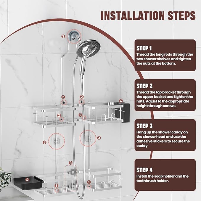 REINHARDT Adjustable Shower Caddy Hanging Rustproof Shower Caddy for Handheld Showerheads, Shower Organizer with Hooks Soap Holder, Anti-Swing Shower Rack Bathroom Accessories, Silver