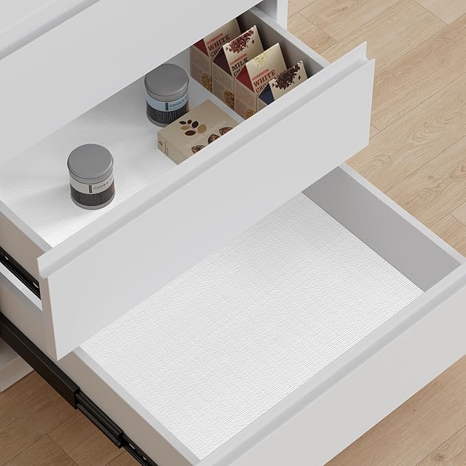 Drawer Liner, Shelf Liners for Kitchen Cabinet Waterproof & Oil-Proof Cupboard Liner Non-Slip Drawer Mat PVC Material Non Adhesive Kitchen Liner for Countertop White 11.8 x 393.7 Inches