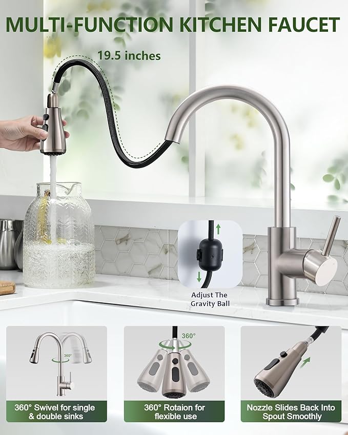 Kitchen Faucet with Pull Down Sprayer, VFAUOSIT Lead-Free Kitchen Sink Faucet Brushed Nickel Stainless Steel High Arc Pull Out Single Hole Kitchen Faucets for Pot Filler, Farmhouse RV Bar Laundry Room
