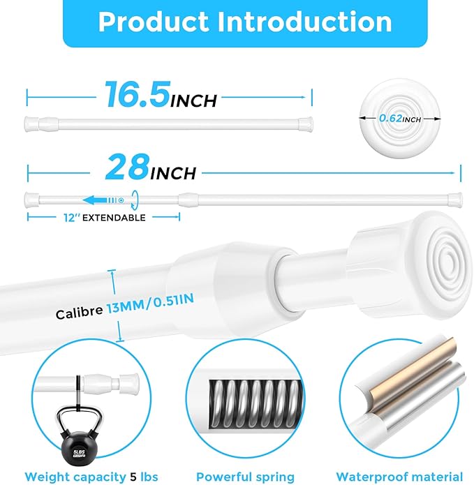 AIZESI 3pcs White Spring Tension Rond Short Curtain Rods Small Tension Rods 17 to 28 Inch Adjustable Curtain Rod Tension Extendable Spring Rod for Home Window Kitchen