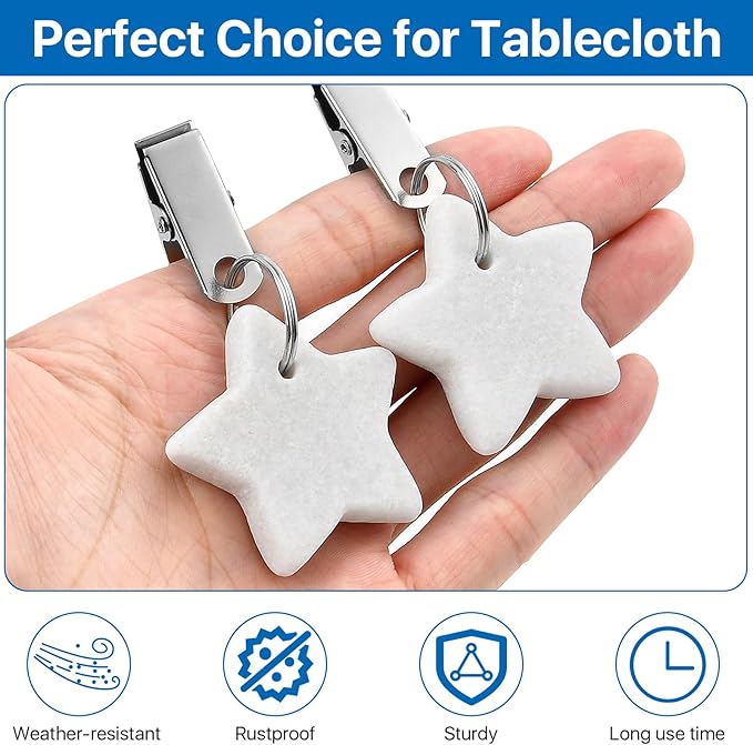 10 Pcs Tablecloth Weights, Metal Clip Star Table Cover Weights Stone, Table Weights Hangers Tablecloth Pendant for Outdoor Picnic Dinner Party Decoration (White)