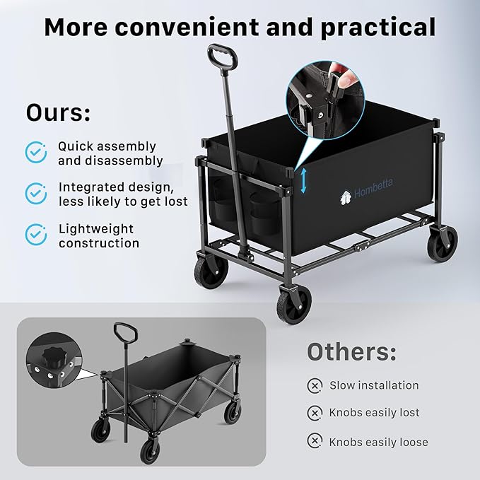 Collapsible Wagon Cart with Wheels, 150L Lightweight Foldable Utility Cart, Portable Rolling Wagon for Garden, Shopping, Sports, Camping, Transport, Black