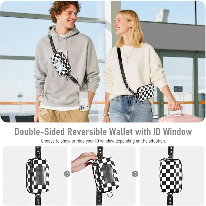 Clip and Go Strap for Phone with Wallet Crossbody Phone Lanyard and Detachable Checkered Bag with ID Window and RFID Pouch for Daily Travel.