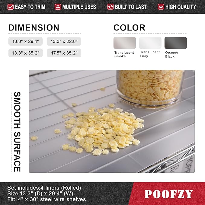 Poofzy Wire Shelf Liner 14" X 30", Non-Adhesive Plastic Shelf Liners for Wire Shelving, Waterproof Protector Mats (4PK, Clear)
