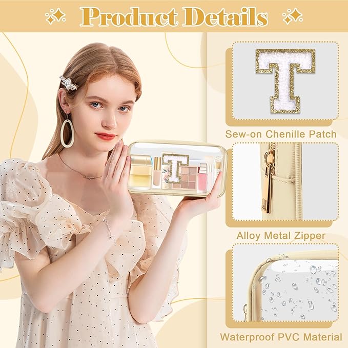 Personalized Initial Letter Clear Makeup Bag, Preppy Small Nylon & PVC Cosmetic Zipper Bag with Chenille Letter, Portable Beach Travel Skincare Toiletry Bag, Trendy Monogram Gift for Teen Girls Women