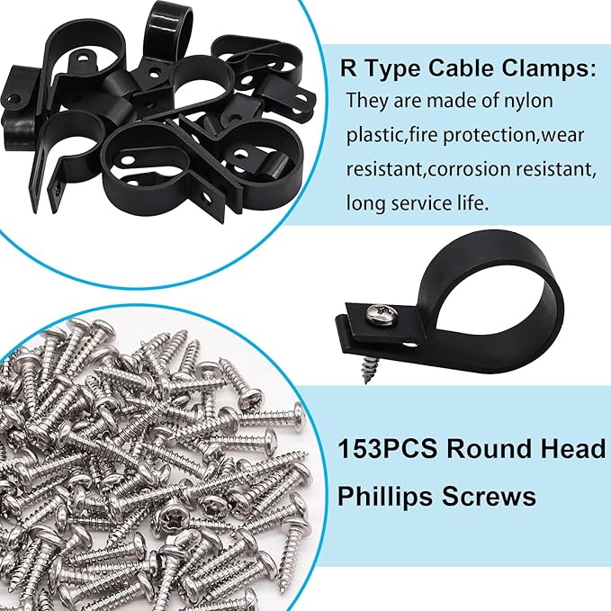 TWTADE 306PCS Black Cable Clamps Nylon Plastic R-Type 6 Sizes 3/16'' 1/4'' 3/8'' 1/2'' 3/4'' 1'' Cable Mounting Wire Clips Assortment Kit with Screws for Wire Management H-049