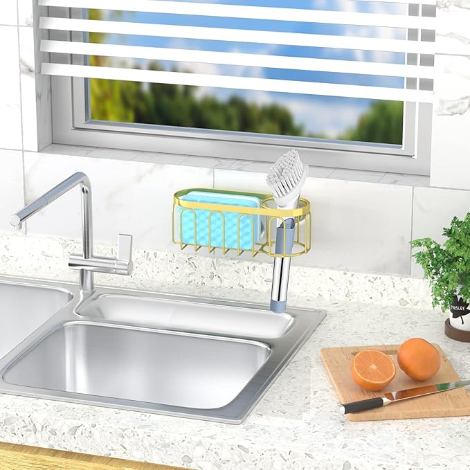 Yazoni 2-in-1 Sponge Holder for Kitchen Sink, Suction Cup Sponge Rack Kitchen Caddy, No Drill Rustproof Sink Organizer for Place Dishwashing Brush Soap (Gold)