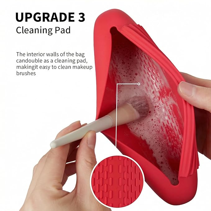 AGIKET Silicone Makeup Brush Holder Travel Cosmetic Bag：Soft Portable Cosmetic Face Brushes Holder with Upgrade Anti-Fall Out Magnetic Closure, Large Travel Makeup Brush Case - Carmine