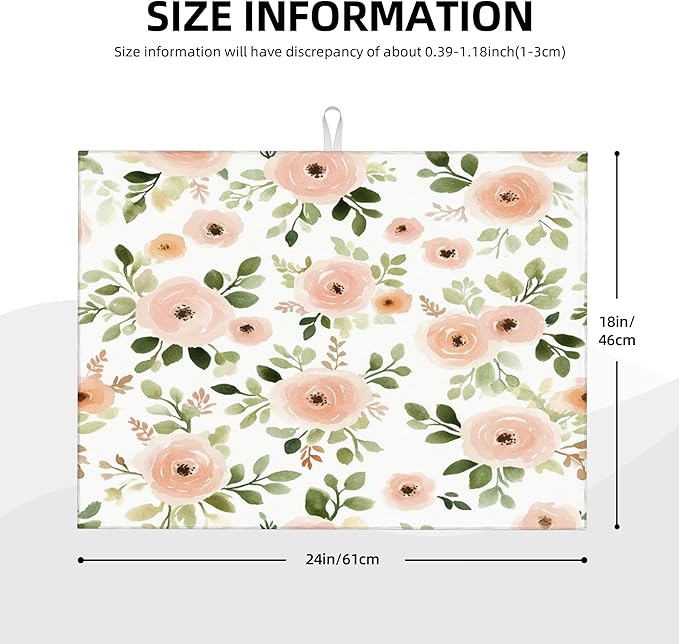 Watercolor Floral Dish Drying Mat for Kitchen Counter Microfiber Super Absorbent Non-Slip Dish Drying Pad for Countertops Dishes Utensils Stylish Quick-Dry Machine Washable 18x24 Inch