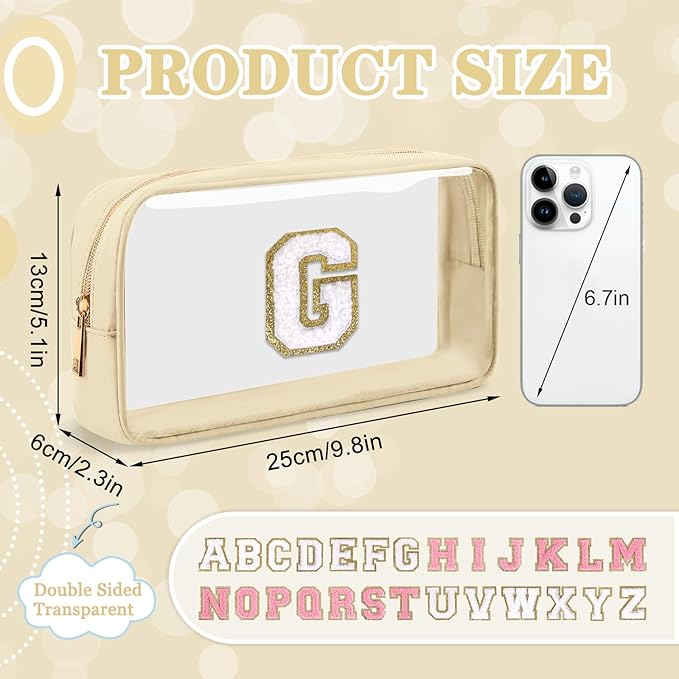 Small Clear Personalized Initial Makeup Bag,Nylon Preppy A-Z Chenille Letter Patch Cosmetic Pouch Beach Toiletry Bag,Waterproof Zipper Travel Purse Storage Bag Organizer for Women Girls(Beige-White G)