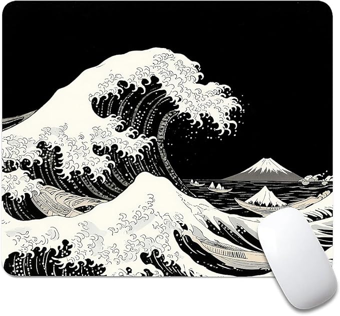 Square Mouse Pad Black Japanese Wave, Personalized Premium-Textured Custom Mouse Mat Design, Washable Mousepad Cloth, Non-Slip Rubber Base Computer Mouse Pads for Wireless Mouse