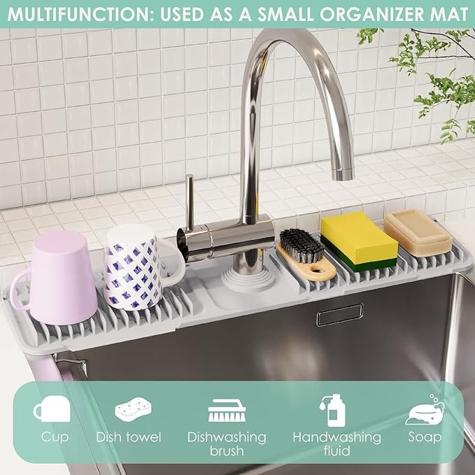 24 Inch Silicone Faucet Mat for Kitchen Sink Splash Guard - 7° Slope Water Draining Mat With Fasten Button for Bathroom Area (Gray, 24''x5.5'')