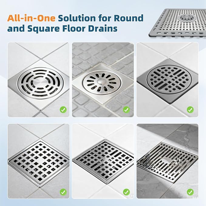 Hibbent Upgraded Shower Drain Hair Catcher, Shower Drain Cover for Bathroom Floor 6" Drain, Anti-Clogging Bathtub Drain Strainer, Stainless Steel Kitchen Sink Drain Strainer with Handle, Grey