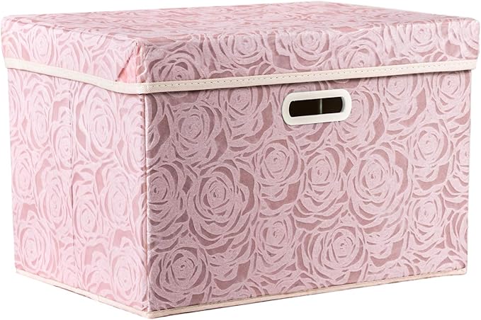 PRANDOM Larger Collapsible Storage Bin with Lid [1-Pack] Fabric Decorative Storage Box Cube Organizer Container Basket with Handles Divider for Bedroom Closet Living Room Pink 17.7x11.8x11.8 Inch