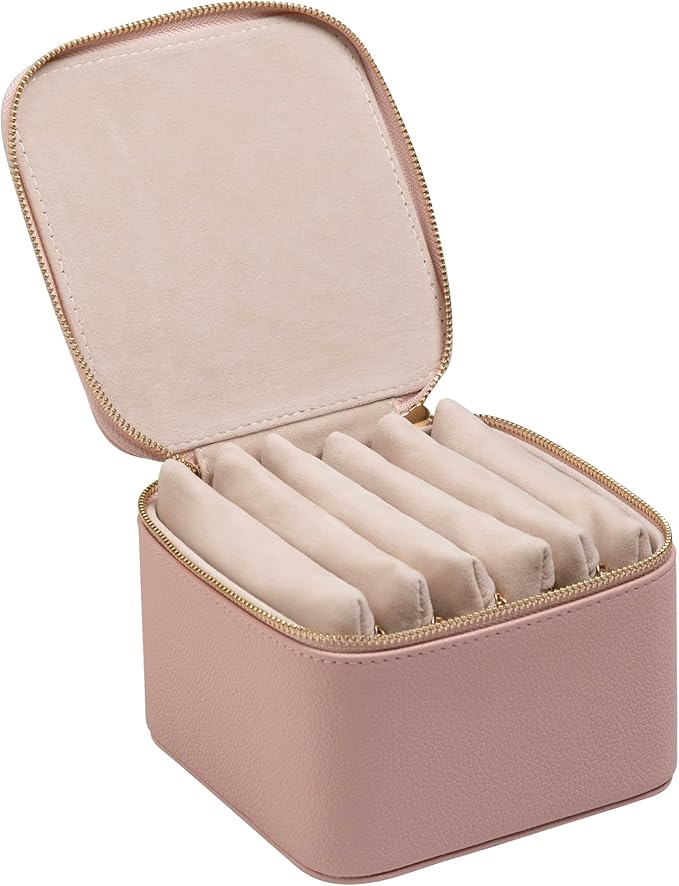 Frebeauty Small Travel Jewelry Box,Travel Jewelry Case with 6 Pouch Bags,Portable Travel Jewelry Organizer,Mini Jewelry Storage,3.35 x 4.9 x 4.8 Inches,Gift Idea for Women Girls(Pink)