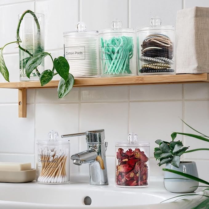 4 Pack Acrylic Qtip Holder Dispenser for Cotton Swabs, Balls, Pads, Floss Picks- Small Clear Acrylic Canister Apothecary Jar Set, Bathroom Essentials Accessories Decor, Vanity Makeup Storage Organizer