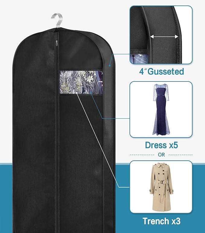 KIMBORA 60" Dress Garment Bags for Hanging Clothes Travel, Gusseted Garment Bags for Closet Storage with Handles for Long Gowns, Coats (3 Packs)