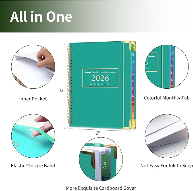 Planner -2026, Hardcover Weekly & Monthly Calendar Planner, January 2026 - December 2026, 6" x 8", Daily Agenda Book with Colorful Tabs, College Organizer Notebook, School & Work Supplies for Student Teacher Classroom