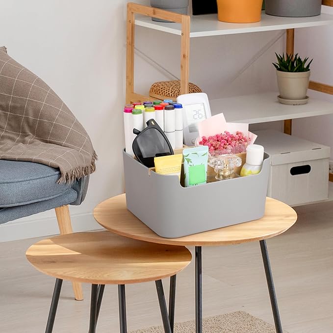 Segarty Gray Desk Storage Organizer, Detachable Divided Bamboo Remote Control Holder Caddy, Desktop Pen Pencil Holder Container Box for Office Supplies Home Bedside Table