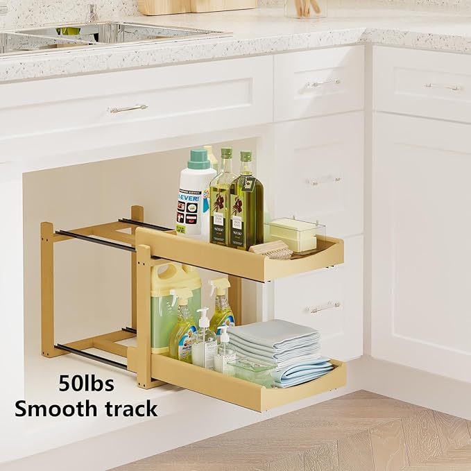 Wisuce Essentials Bamboo Under Sink Organizer, Adjustable Height, 2-Tier Bathroom Organizer, Pull-Out Cabinet Storage, Heavy-Duty Wood Slide-Out Shelf for Kitchen Bathroom (Nature, 1 Pack)