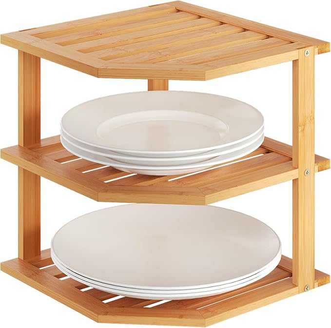VERTORGAN 3 Tier Bamboo Corner Shelf,Dish Drying Rack,Plate Organizer,Kitchen Spice Rack for Countertop and Cabinet