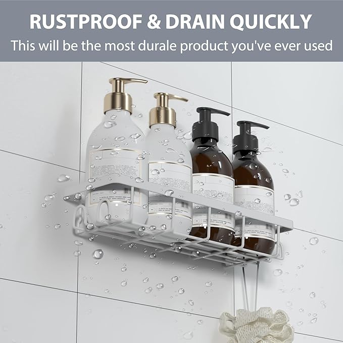 Shower Caddy Organizer with Hooks, Self-Adhesive Bathroom Shelves, No-Drill Bathroom Organizers and Storage, Perfect for RV, Apartment, Home Decor, 2 Pack White