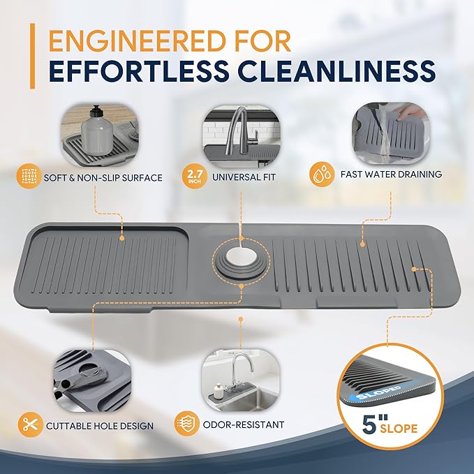 24” Silicone Faucet Mat For Kitchen Sink, Kitchen Sink Splash Guard Behind Faucet, Kitchen Faucet Mat For Kitchen Sink, Kitchen Sink Faucet Mat Splash Guard and Sink Water Splash Guard (Gray)